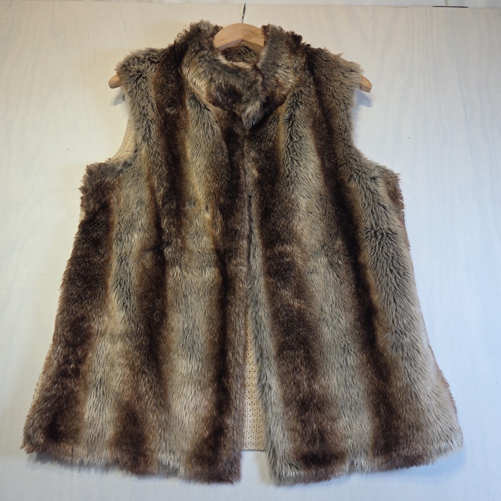 Song N Spirit Faux Fur Sweater Vest Womens Large Brown Beige Open Front Knit Bac